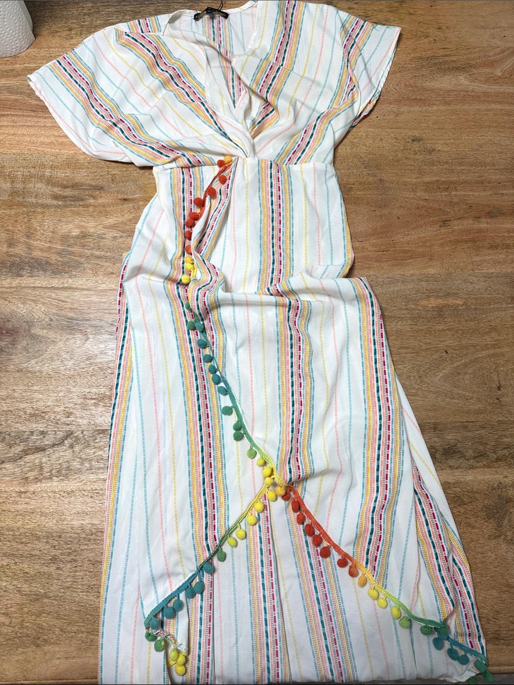 White Multi-Stripe Pom-Pom Tie-Front Swim Coverup